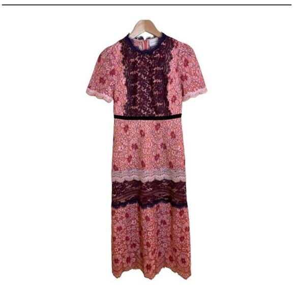 Foxiedox Sadie Dress Lace Midi Short Sleeve Floral 2 Pink Burgundy - Picture 3 of 12